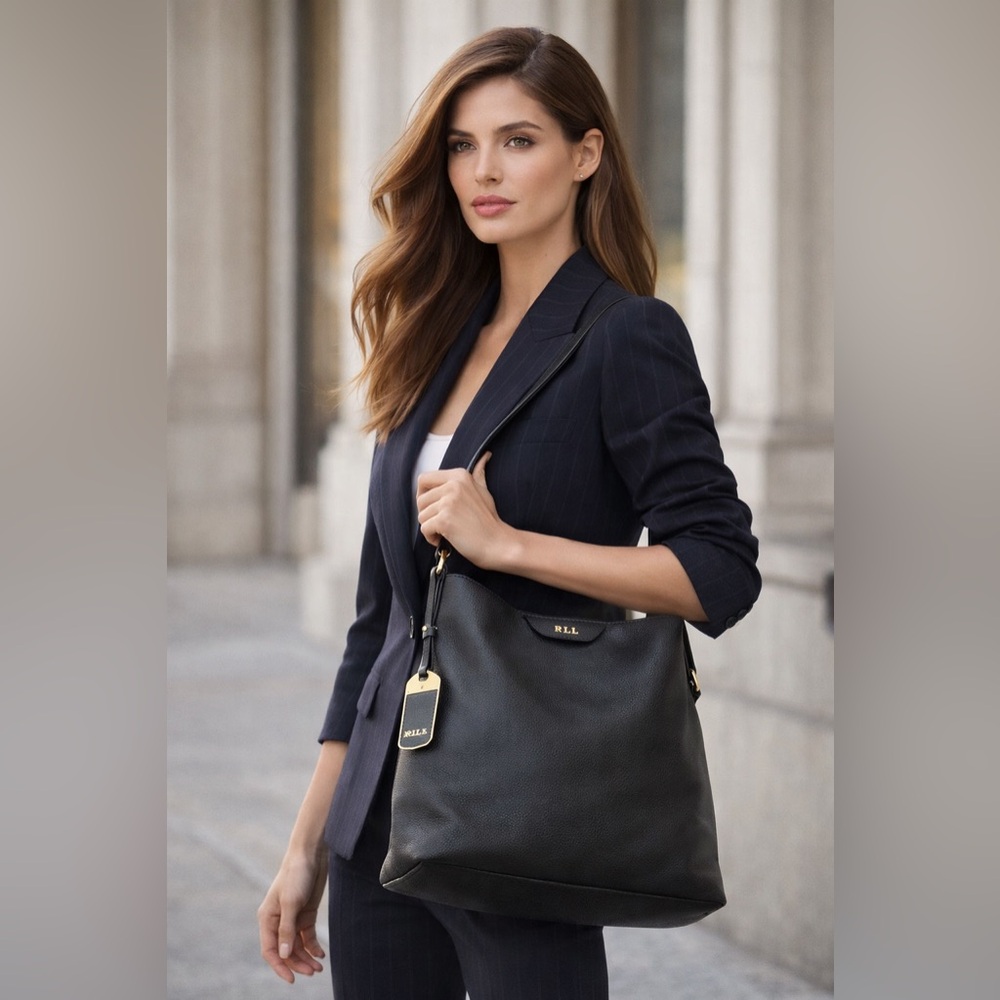 Lauren Ralph Lauren Black Pebbled Leather Shoulder Bag RLL Logo Gold Hardware
